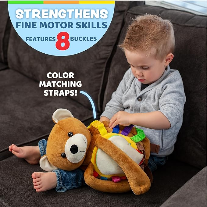 Buckle Toys Bear Backpack - Toddler Backpack & Stuffed Animal Learning Activity – Develops Fine Motor & Basic Life Skills – Soft Plush Kids Travel Toy - Billy Bear