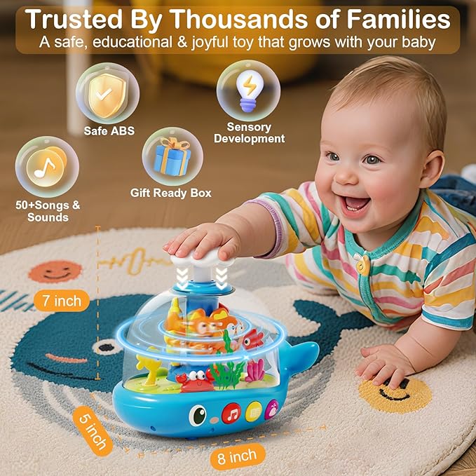 Whale Sensory Spinner Toy for Baby: Light Up Rotating Play with Music – Safe ABS Early Learning Educational Toys for 6 Months+ – Christmas Birthday Gift for Boys and Girls