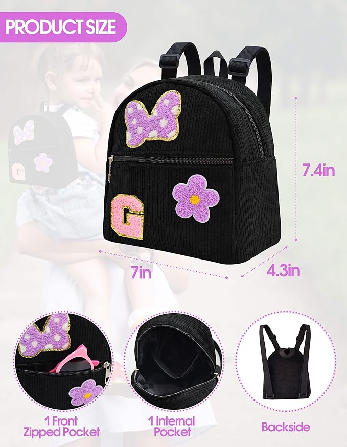2 3 4 5 6 Year Old Girl Gifts Chenille Initial Mouse Bow Mini Backpack, Corduroy Toddler Backpacks Christmas Birthday Gifts for Girls 2-4 5-6, Black Mini Diaper Bag Must Haves for Park Travel Letter G