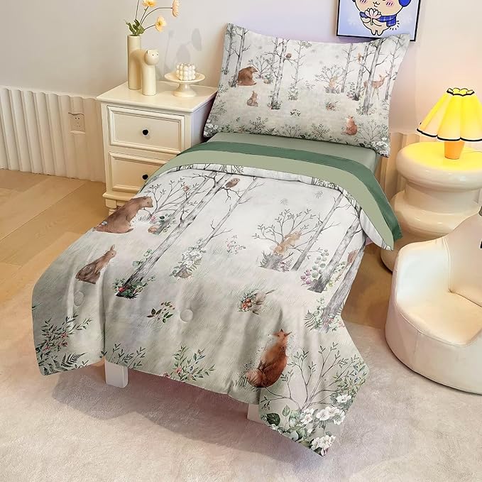 4 Pieces Woodland Animal Toddler Bedding Set for Boys Girls, Forest Animals Comforter Set Bed in a Bag,Toddler Bed Set Includes Comforter, Flat Sheet, Fitted Sheet and Pillowcase