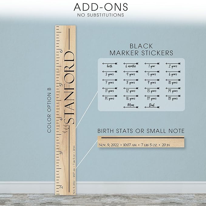 Wooden Kids Growth Height Chart Ruler for Boys and Girls Painted or Engraved (Old School)