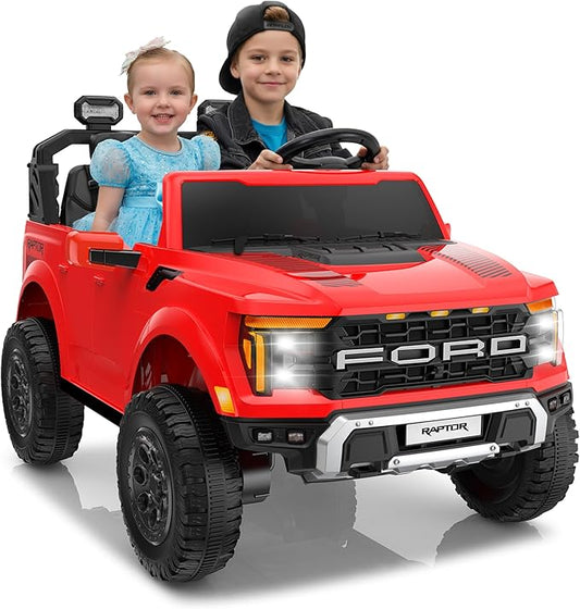 24V Ride on Car for Big Kids, Licensed Ford F-150 Raptor 2 Seater Ride on Toy with Remote Control, Ride on Track w/4-Wheeler Suspension, LED Lights, Bluetooth, Music, Soft Start (24V, Red)