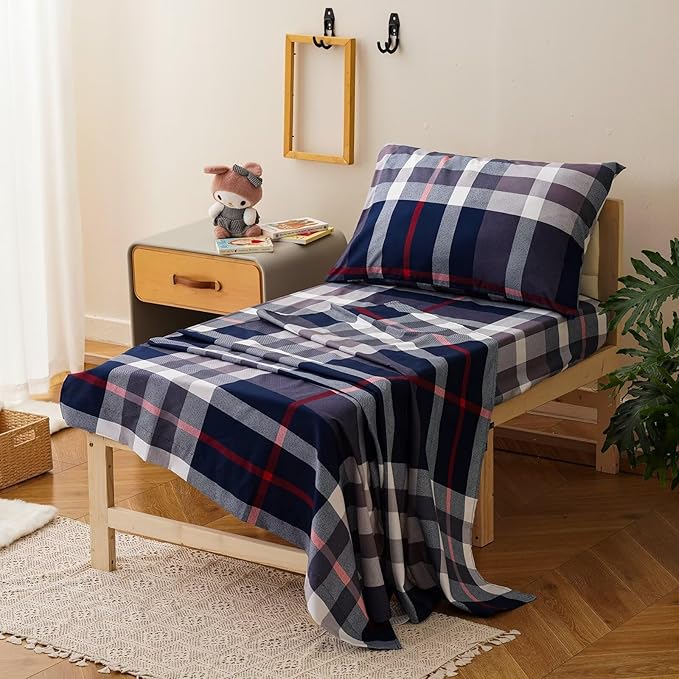 CLOTHKNOW Blue Plaid Toddler Bedding Sets for Boys, 4 Pieces Tartan Check Pattern, Soft Crib Bed Set Including Comforter, Flat Sheet, Fitted Sheet and Pillowcase, Yellow