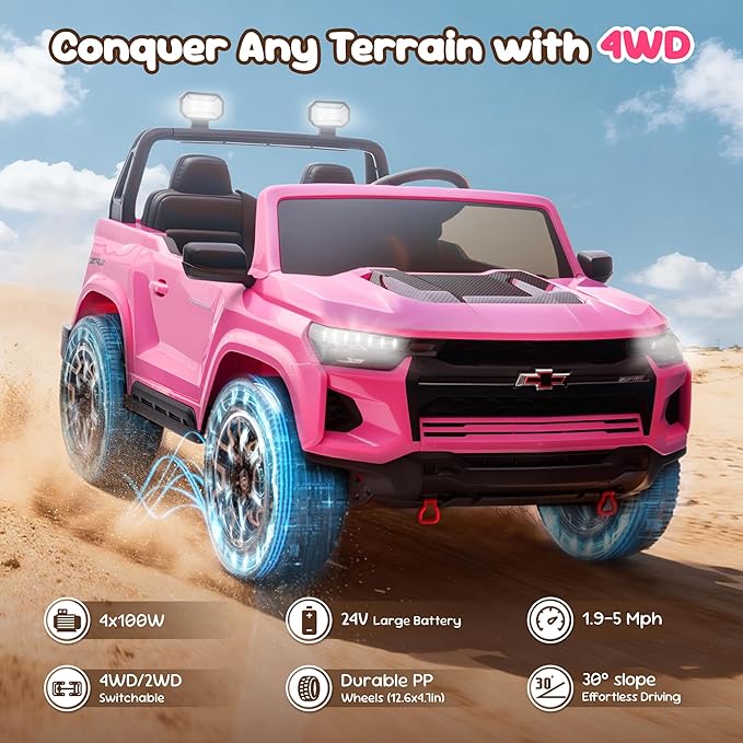 24V Ride On Car for Toddlers and Kids, Licensed Chevrolet Colorado ZR2 2-Seater 4WD Electric Truck with Remote Control, Battery Powered Wheels, LED Lights, Bluetooth Music, 132 lbs Load Capacity