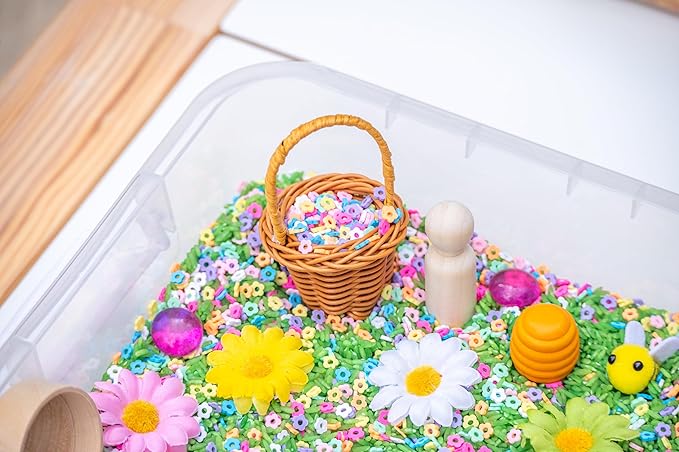Spring Flower Sensory Bin Kit for Kids – Green Rice, Felt Bees, Wooden Eggs & Ladybugs, Floral Accessories & Wooden Tools – Includes Clear Storage Bin