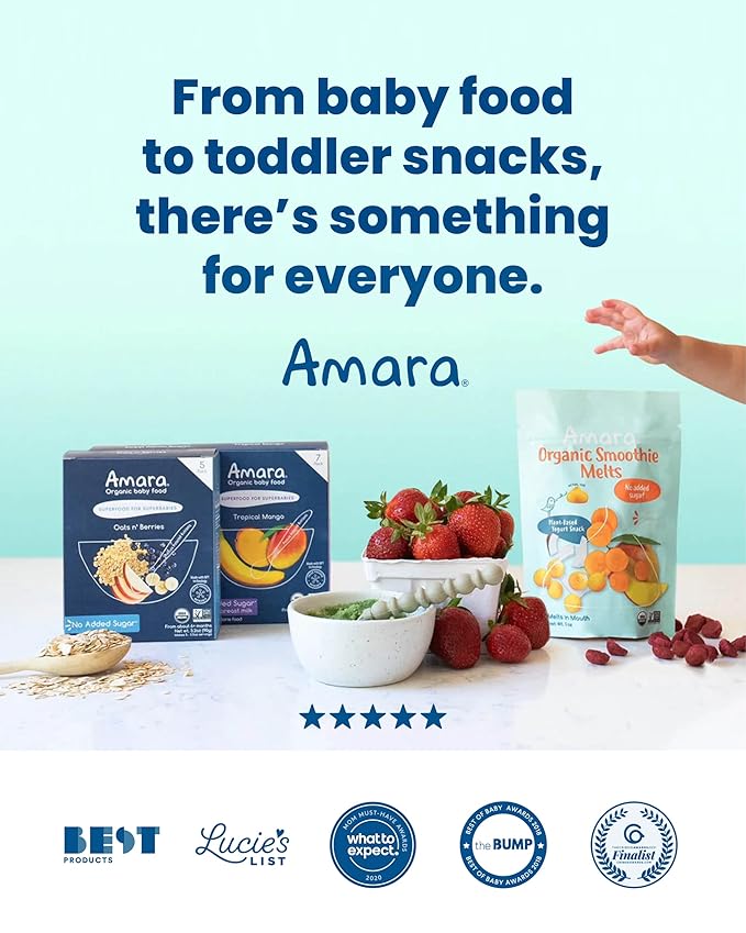 Amara Organic Baby Food - Stage 2 - Applesauce & Maqui Berry - Baby Cereal to Mix With Breastmilk, Water or Baby Formula - Shelf Stable Baby Food Made from Organic Fruit - 5 Pouches, 3.5oz Per Serving
