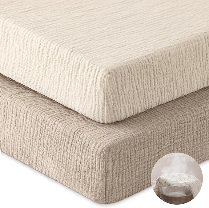 Muslin Crib Sheets for Boys Girls, 100% Cotton Fitted Crib Sheet 2 Pack for Standard Crib and Toddler Mattress, Breathable Soft Baby Sheet 28x52x8in Beige & Khaki