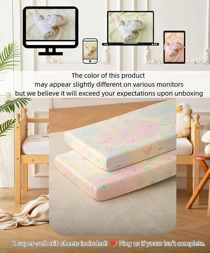 Jersey Butterfly Crib Sheets for Baby Girls,52”x28”x8, 2 Pack,Pink Cute Kawaii Standard Oval/Retangle Fitted Crib Sheets for Toddler,Super Soft Breathable
