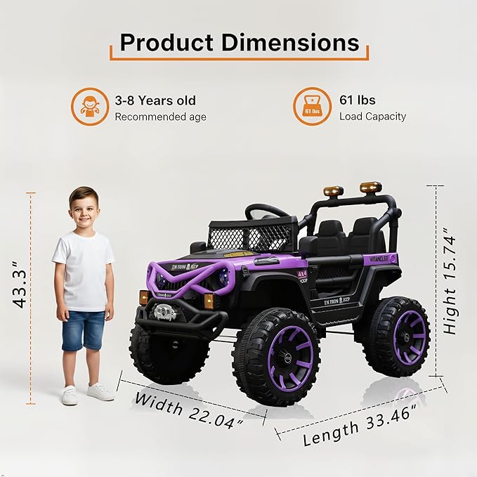 12V Kids Ride On Jeep-Style Car with Remote Control, Bluetooth Music & Stories, LED Headlights, Shock Absorption, Double Doors with Lock, Safe Speed, Battery Powered Electric Vehicle for Boys & Girls