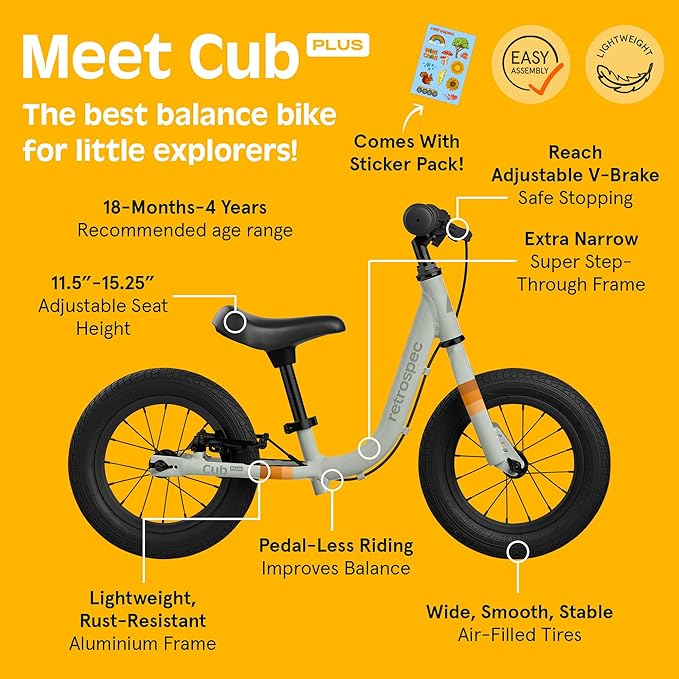 Retrospec Cub Plus Toddler Balance Bike for Boys & Girls Ages 18 Months - 4 Years No Pedals with Lightweight Frame and Adjustable V-Brake, Seat and Handlebar for Kids