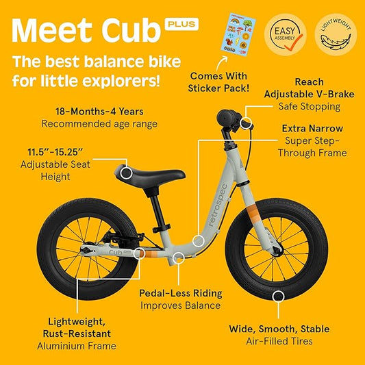 Retrospec Cub Plus Toddler Balance Bike for Boys & Girls Ages 18 Months - 4 Years No Pedals with Lightweight Frame and Adjustable V-Brake, Seat and Handlebar for Kids