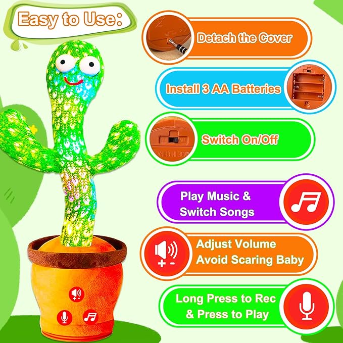 Baby Toys Interactive, Dancing Talking Cactus Toy Volume Adjustable, Mimicking Singing Repeating, Kids Toddler Infant Baby Toys Gifts for Boys Girls, Xmas Gifts for Grandkids, Baby Stocking Stuffers