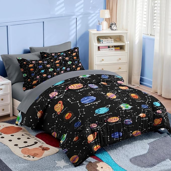 Nesker 4 Pcs Comforter Set Toddler Size, Cute Space Galaxy Bedding for Kids Teen, Planets Moon Stars Bed Sheet with Pillowcase & Sham