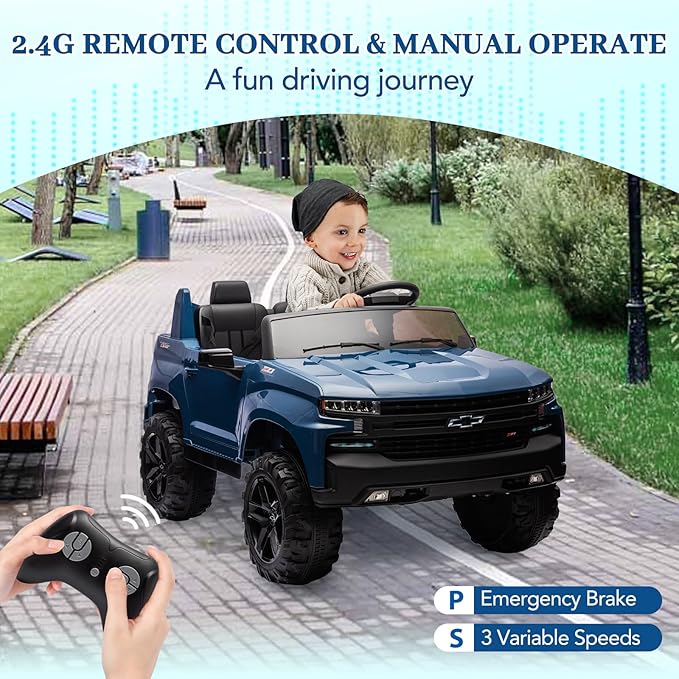 GarveeLife 24V 2-Seater Truck Licensed Chevrolet Silverado Ride On Car Kids Toy, Electric Vehicle Car for Toddlers with Parent Remote Control, Blue