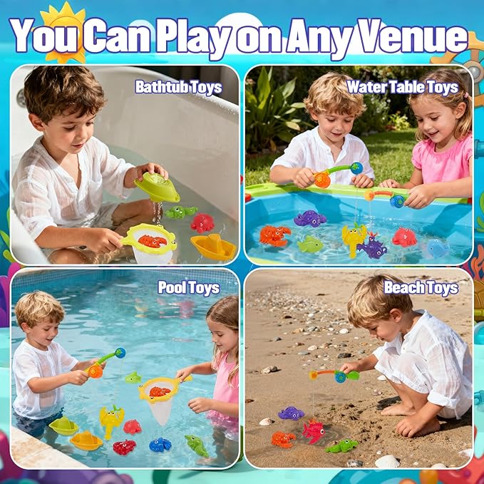 Bath Toys for Kids Ages 1-3, 22 PCS Mold-Free Toddler Bath Toys with Fishing Toy Game Fishing Pole Rod Net & Boats& No Hole Tub Toys with Mesh Bag, Water Pool Toys for Kids Ages 1 2 3 4 5 6 Years Old