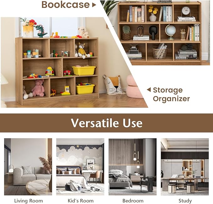 Giantex 8 Cube Bookcase, Freestanding 3-Tier Open Bookshelf, Modern Storage Display Cabinet, Wood Cube Storage Organizer for Living Room, Kid’s Room, Natural