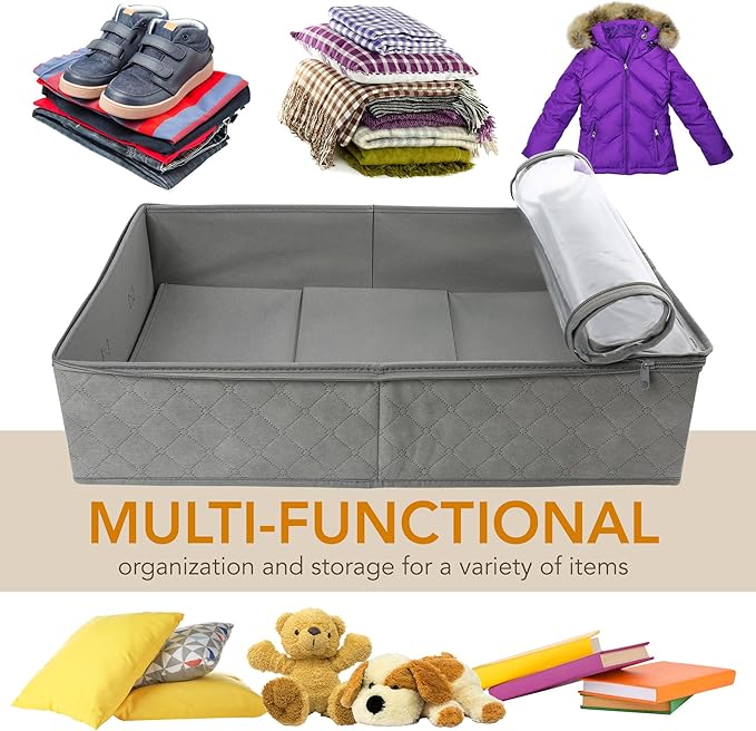 LotFancy Foldable Under Bed Storage Bags, Closet Organizers and storage bins, Clothes Blankets Organizer, with Clear Window and Reinforced Handles, 24” x 16” x 6", Gray, Pack of 2