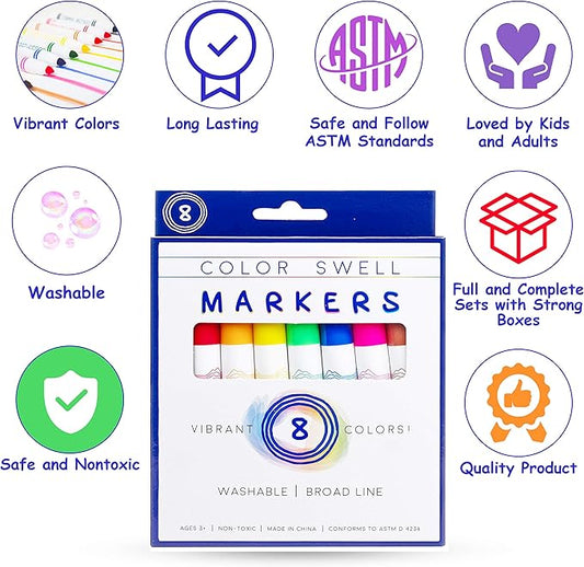 Color Swell Washable Markers 2 Pack of 8 Vibrant Colors Each for Teachers, Kids, Classrooms, Families, All Ages