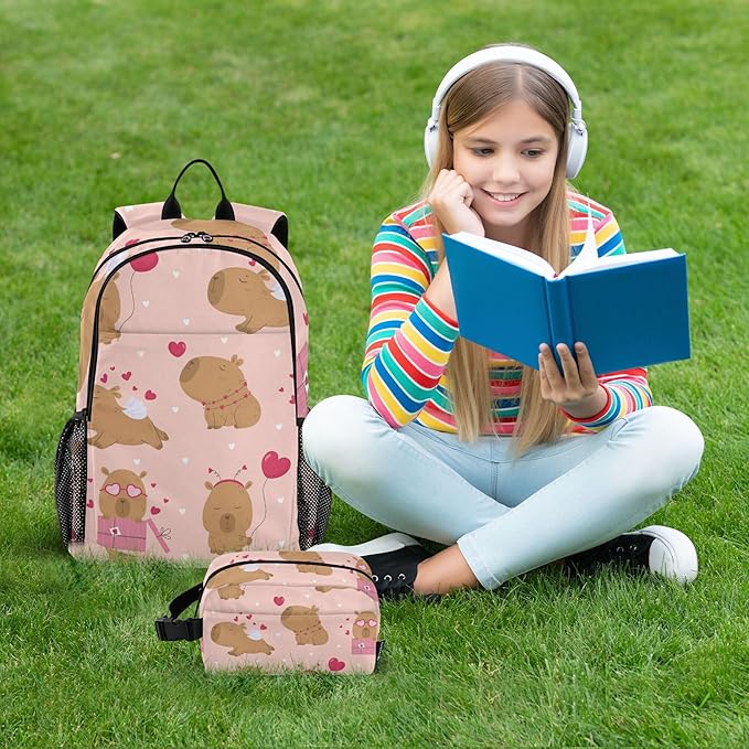 Jucciaco Lovely Capybara Backpack with Lunch Bag, School Backpack for Teens Boys Girls Kids Travel Backpacks Set