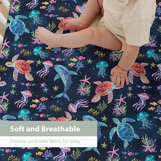 Fantasy Sea Animals Baby Crib Sheets for Boy Girl 28"x52" Turtle Whale Jellyfish Corals Soft Stretchy Fitted Crib Mattress Covers Nautical Marine Baby Sheet for Standard Crib & Toddler Mattress Navy
