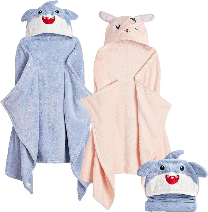 Hooded Toddler Towels with Animal Hood - 500GSM Ultra Soft & 6X Absorbent Baby Bath Towel, Large 28x55 Inch Coral Fleece Hooded Kids Towel for Boys Girls, Cape Blanket 2 Pack
