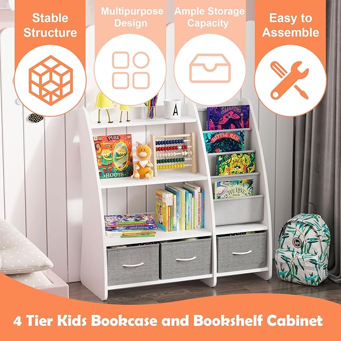 HedoAjim White Kids Bookshelf Wood Toy Storage Organizer Cabinet Children Bookcase Toddler Baby Sling Book Rack 3 Cube Bins Sail Boat Arc Shape for Playroom Bedroom Nursery Classroom