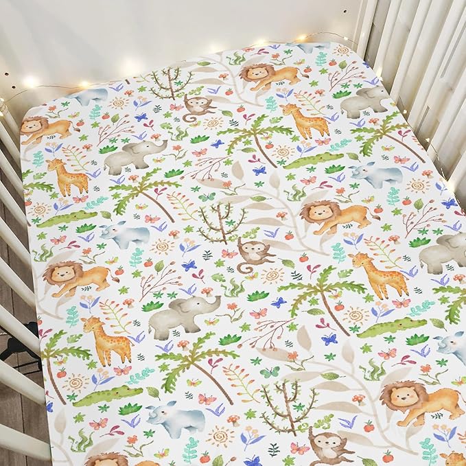Cute Jungle Animals Baby Crib Sheets for Boy Girl 52x28Inch Lion Giraffe Elephant Hippo Trees Soft Snug Fitted Crib Mattress Cover Zoo African Safari Nursery Baby Sheet for Crib & Toddler Mattress