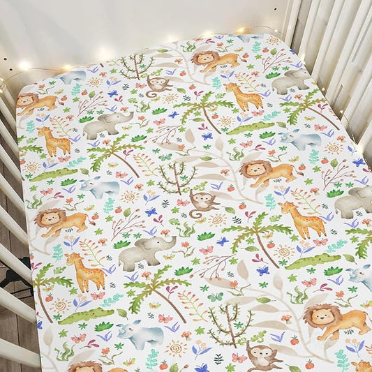 Cute Jungle Animals Baby Crib Sheets for Boy Girl 52x28Inch Lion Giraffe Elephant Hippo Trees Soft Snug Fitted Crib Mattress Cover Zoo African Safari Nursery Baby Sheet for Crib & Toddler Mattress