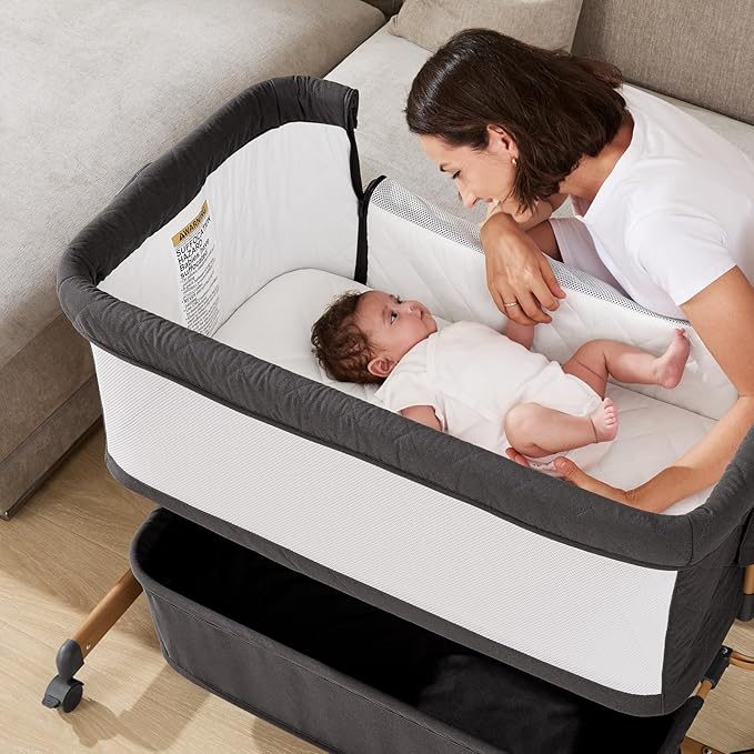 3 in 1 Baby Bassinet, Rocking Bassinet, Bedside Bassinet, 6-Height Adjustable, Bassinet Bedside Sleeper for Baby with Comfy Mattress, Breathable Mesh, Large Storage Basket