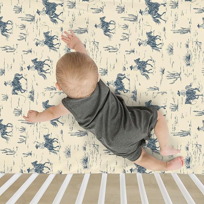 Vintage Western Cowboy Baby Crib Sheets for Boy Girl 28"x52" Retro Cowboy Horse Cactus Soft Stretchy Fitted Crib Mattress Cover Wild Desert Baby Sheet for Standard Crib & Toddler Mattress Pads