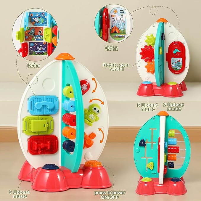 Musical Space Activity Cube Toy with Lights & Sounds - Sensory Educational Busy Board for Baby Boys Girls 6-18 Months, Montessori Learning Toy 1st Birthday Gift (Rocket Theme)