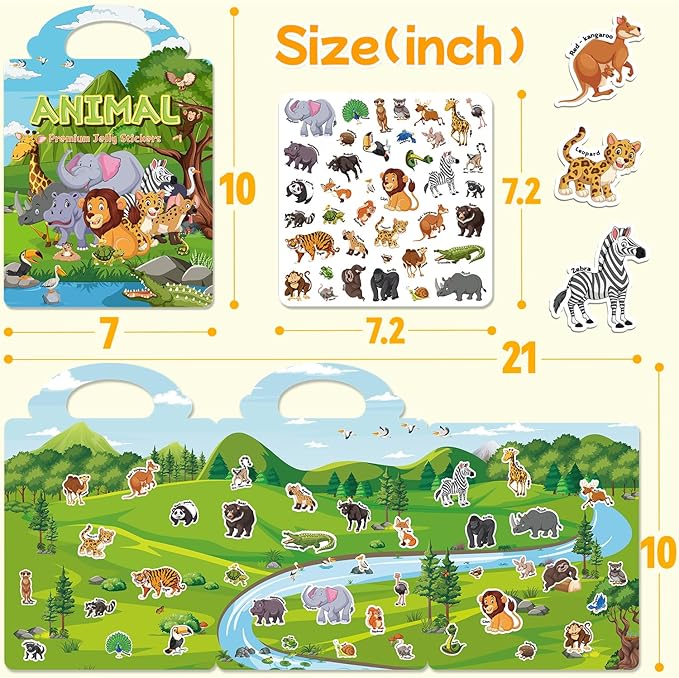 Reusable Sticker Book for Toddlers 3-6, Jelly Stickers for Kids, Sticker Activity Book Travel Toys for Road Trip, Car & Airplane, Educational Learning Gifts for Boys and Girls Ages (Animals Theme)