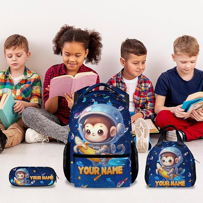 Kids' Backpacks - Personalized Monkey Backpacks with Lunch Bag - Custom Bookbag Set for Girls Boys - Toddler School Bag for Kindergarten/Preschool/Elementary(17 Inch)