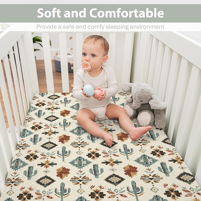 Tribal Cactus Totem Baby Crib Sheets for Boy Girl 28"x52" Vintage Cactus Soft Stretchy Fitted Crib Mattress Covers Western Cactus Nursery Baby Sheets for Standard Crib and Toddler Bed Mattress