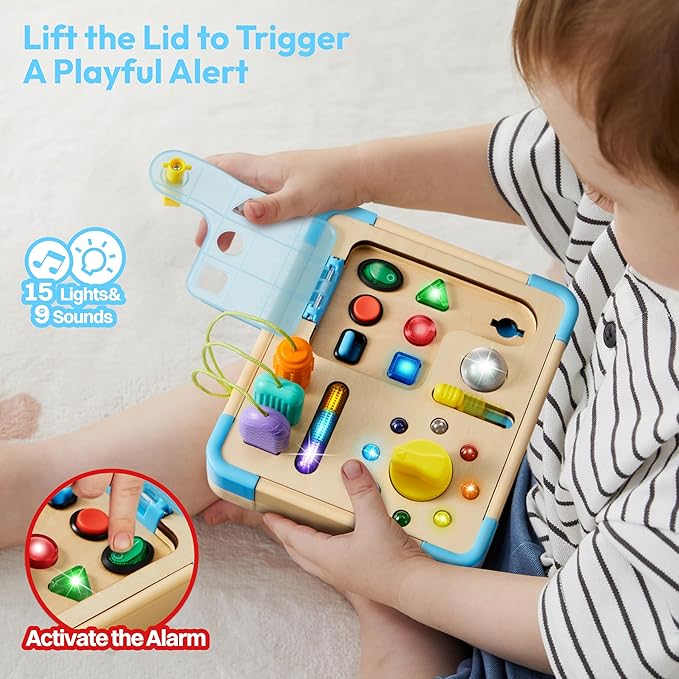 lalalark Electronic Busy Board – Montessori Learning Toddler Toy, 15 Lights & 9 Sounds, 5 Switches & Plugs, Sensory, Fidget, Travel Activities, Early Development, Christmas Baby Gifts Toys Age 18M+