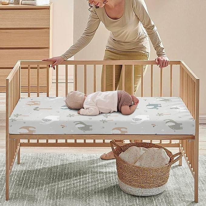 Elephants Fitted Crib Sheet for Boys Girls Trees Birds Animals Print Baby Sheet for Standard Crib and Toddler Elephant Grey Nursery Bed Mattress Sheets 28"x52"