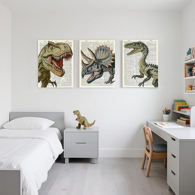Ovczax 3 Pieces Dinosaur Canvas Wall Art - Tyrannosaurus Rex, Triceratops, Velociraptor Decor For Kids Room Game Room, Living Room, Bedroom 24" x 16"