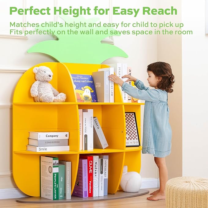 9-Cube Book Shelf and Toy Storage Organizer, Pineapple Shaped Kids Bookcases for Nursery, Playroom, Bedroom, or Classroom