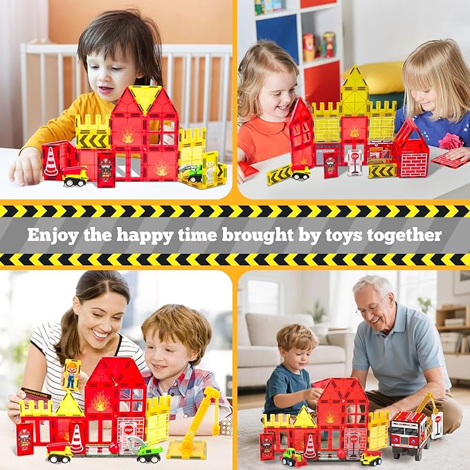 Magnetic Tiles for Kid, 56PCS Construction Magnet Tiles with Fire Truck & Station, Building, Road, Crane, and Car Toys - Educational Travel Magnetic Tiles for Kids Ages 4-8, STEM Toys for 3+ Year Old