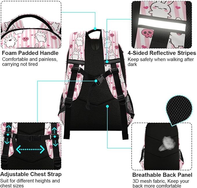 MNSRUU School Backpack with Chest Strap, Doodle Kawaii Rabbit Laptop Backpack, Travel Hiking Backpack for Boys Girls, Rucksack, Knapsack One Size
