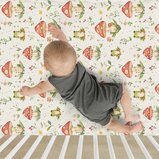 Green Frogs Mushroom Baby Crib Sheets for Boy Girl 52x28Inch Fairytale Frogs Soft Stretchy Fitted Crib Mattress Cover Baby Sheet Fits Crib and Toddler Bed Mattresses