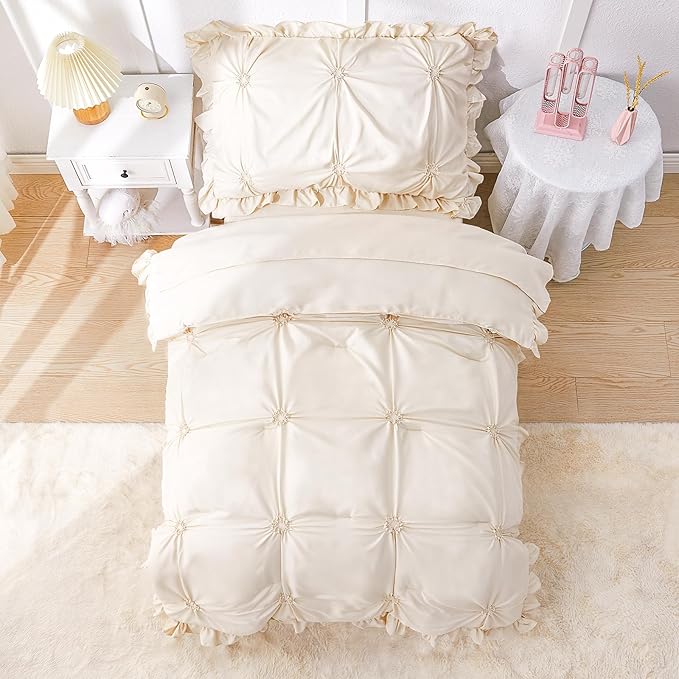 Wowelife Toddler Bedding Sets for Girls, 4-Piece Beige Toddler Bed Set Floral Ruffles Boho Bohemian Jacquard Includes Comforter, Fitted Sheet, Top Sheet and Pillowcase, Beige
