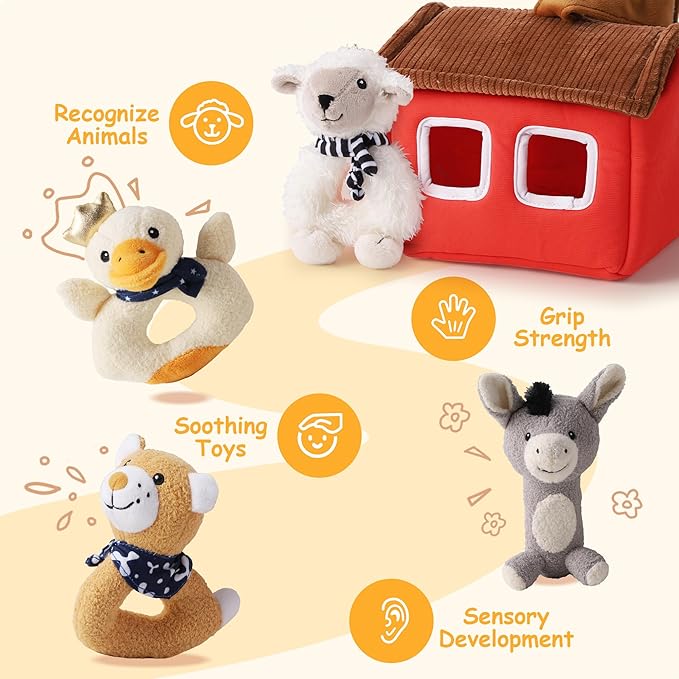 iPlay, iLearn Baby Toys 3 6 12 Month Newborn Gifts, Infant Soft Farm Stuffed Animal Rattles Plush Barn, Boy Girl Stuff, Basket Stocking Stuffer, Sensory Hand Development Toy 0 2 4 7 9M 1 Yr - Farm