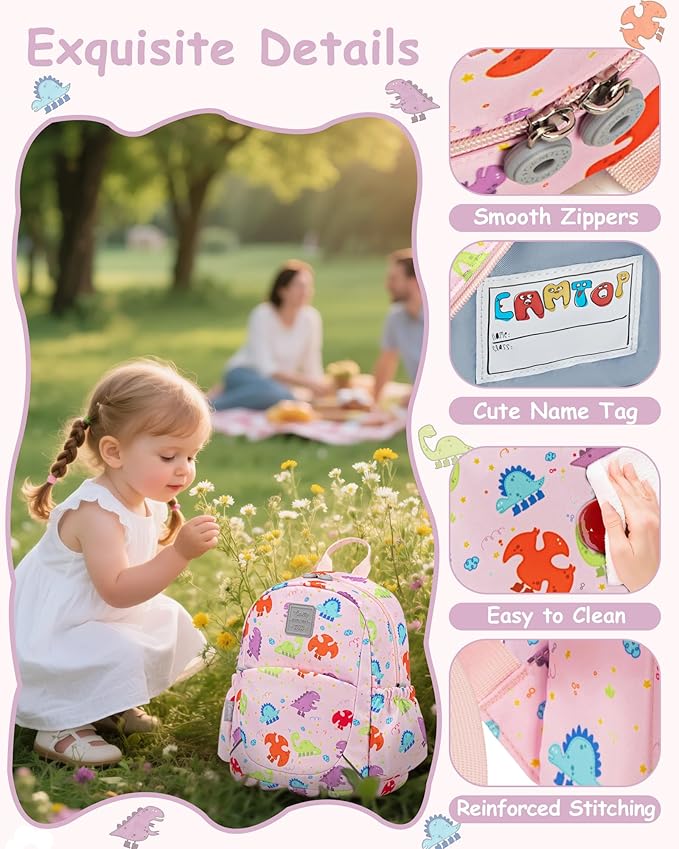 CAMTOP Toddler Backpack for Boys Girls 2-4, Kids Backpacks for Kindergarten Preschool, 12" H Small Bookbag for Daycare Travel (Pink Dinosaur, 12''- Not fit A4 folder)
