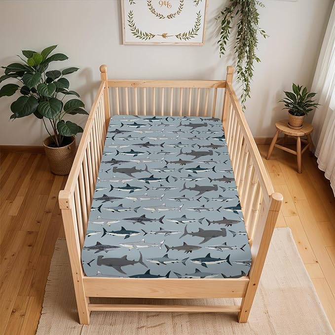 Sharks Boho Neutral Baby Crib Sheets for Boy Girl 52"x28" Sea Shark Species Soft Snug Fitted Crib Mattress Cover Marine Ocean Shark Lover Gifts Baby Sheet for Standard Crib and Toddler Bed Mattress