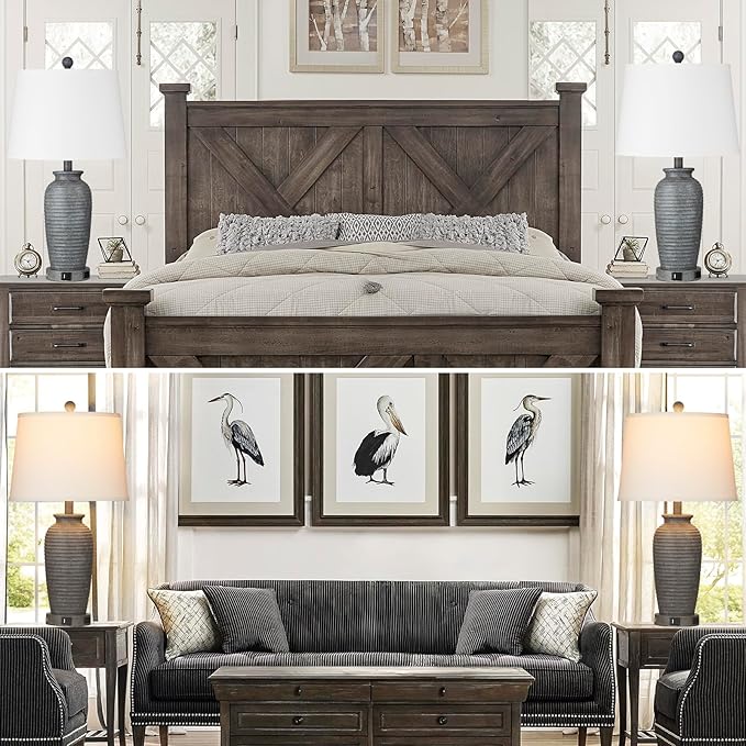 CINSARY 25" Farmhouse Jar Table Lamps Set of 2, 3 Way Touch Control Rustic Bedside Lamps with USB A+C Ports & AC Outlet, Pot Nightstand Lamps for Bedroom Living Room (LED Bulbs Included)