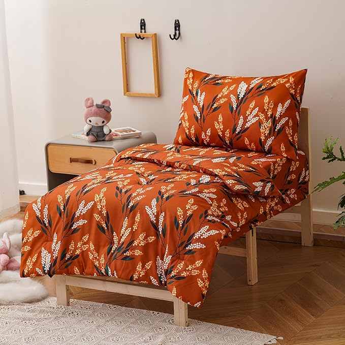 KAREVER Botanical Toddler Bedding Set Flower Print 4 Pieces Crib Bed Set Kids Burnt Orange Floral Comforter Set