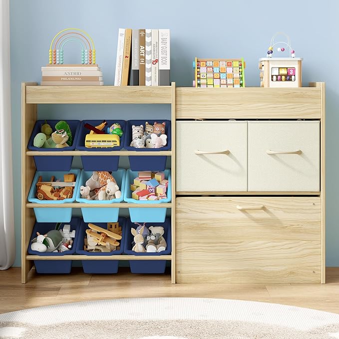 EXPERLAM Toy Storage Organizer for Kids, 9-Bin Toy Organizer with 2-Drawers,Movable Toy Chest and Top Rack, Kids Bookshelf and Toy Storage for Playroom, Bedroom, Nursery, Blue
