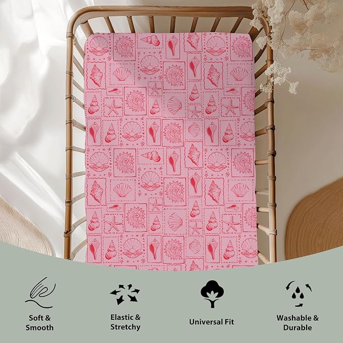 Pink Seashells Baby Crib Sheets for Boy Girl 52"x28" Boho Beach Conch Soft Stretchy Fitted Crib Mattress Covers Pastel Summer Coastal Nursery Baby Sheet for Standard Crib & Toddler Mattress Pad