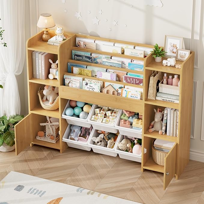 FINETONES Toy Storage Organizer with 6 Toy Bins, Toy Organizer Kids Bookshelf with 6 Cubbies, Toy Organizers and Storage Bins Playroom Storage for Kids Room, Natural